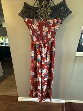 Rust Floral Smocked Strapless Wide Leg Jumpsuit